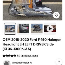 OEM 2018-2020 Ford F-150 Halogen Headlight LH LEFT DRIVER Side (KL34-13006-AA)