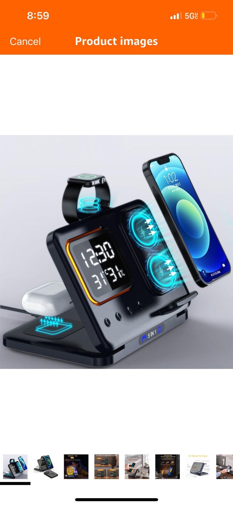 5in1 Multi Functional Wireless Charging Station 15W Fast Charge, Wireless Charger, with Digital Clock, Temperature Display, Night Light, for All Qi Ph