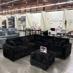 Black Corduroy Thick Fluffy Sectional Sofa Couch With Ottoman