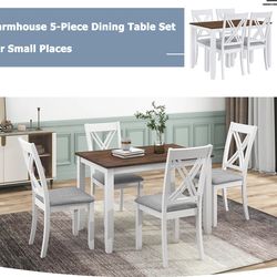 Rustic Minimalist Wood 5 Piece Dining Table Set With 4 X Back Chairs For Small Places, White White Wood Dining