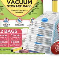 Brand New  12 Vacuum Storage Bags for Clothes - Jumbo, Large, Medium & Small - Space Saver Vacuum Bags for Comforters, Blankets, Bedding, Pillow 