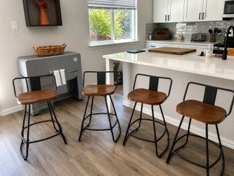 Modern Mid Century Walnut Bucket Counter Stools, Set of 4
