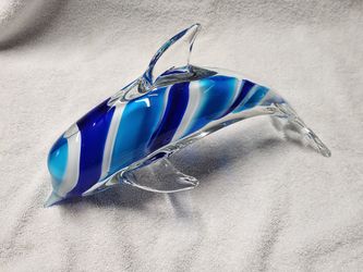 Large 12 Inch Crystal / Glass Dolphin Blue And White 5th Avenue Crystal Paperweight Gread Cond