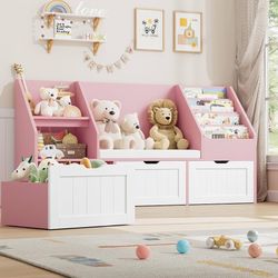 Kids Bookshelf with Reading Nook, Toy Storage with Seat Cushion 55.1'' Toy Storage Organizer with 3 Movable Drawers, Kids Reading Nook with Bench for 