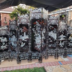 Vintage 8 Panel Wood Room Divider with Mother of Pearl Inlays