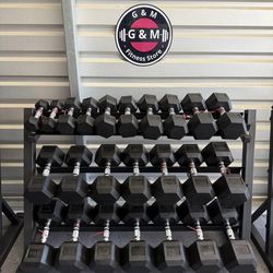 Top quality ⭐️New pair of 5,10,15,20,25,30,35,40,45,50,55,60lb rubber dumbbells with rack. $958