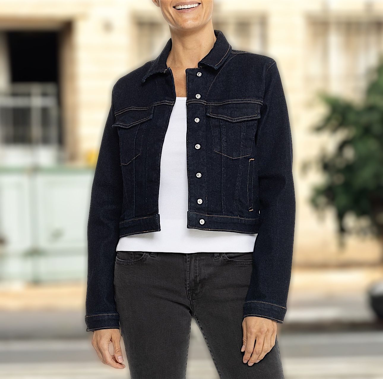 Good American Women’s Jean Dark Blue Stretch Crop Jacket Sz M