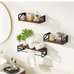 FITUEYES Floating Shelves Wall Mounted Storage Shelf Set of 3 for Living Room Bedroom, Rustic Brown Wood Hanging Shelves for Bathroom, Kitchen