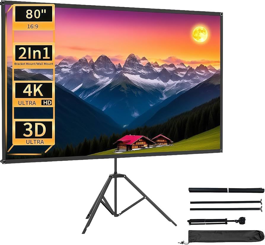 New And Well Packaged Projector Screen with Stand,X-Bracket Stabilize the Back Support Indoor Outdoor Projector Screen,16:9 4K HD PVC,High Gain Portab