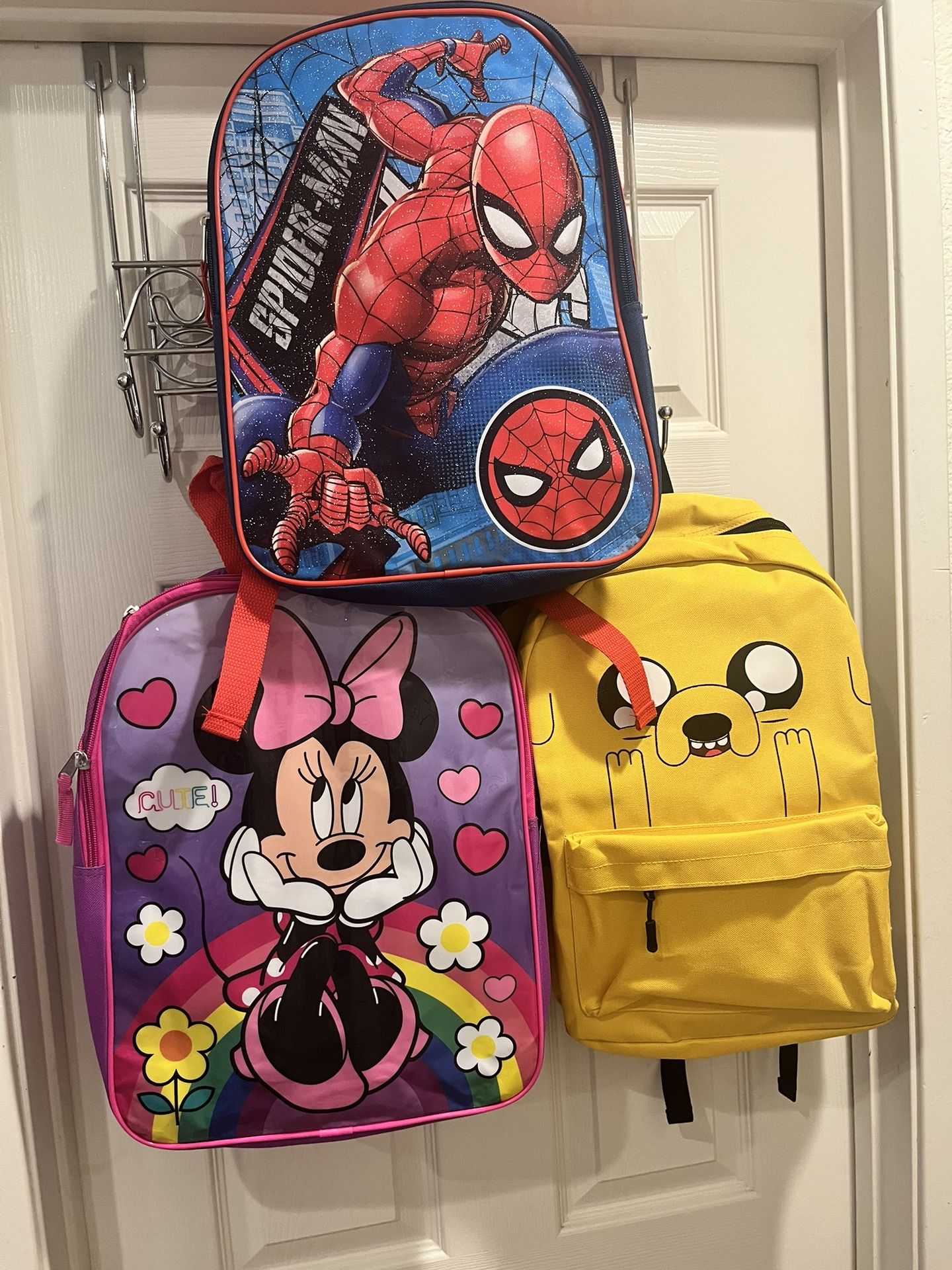 Disneys Minnie Mouse , Spiderman, Adventure Time Jake The Dog  Backpack Each $20 Firm Loma Linda ( All New)