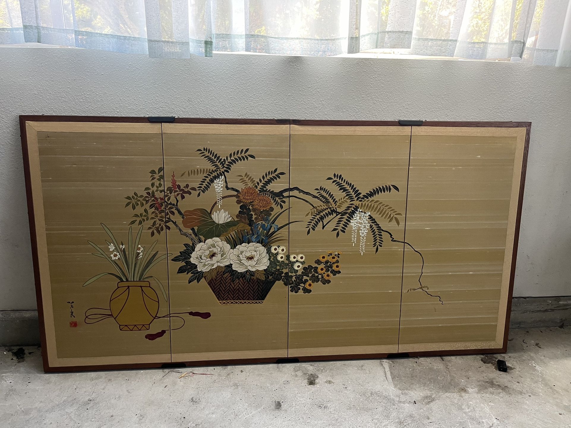 JAPANESE BYOBU HAND PAINTED SILK SCREEN 6'x 3' -4 PANELS