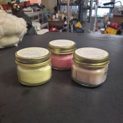"NEW " Bundle Of 3 Mason Jar Scented Candles By Old Williamsburg Candle Co. 3 OZ Mahogany Coconut & Skeeter Beeter