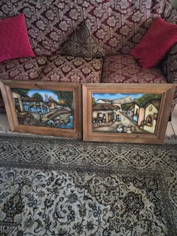 2 mexican village 3D painting, frame, 23x31