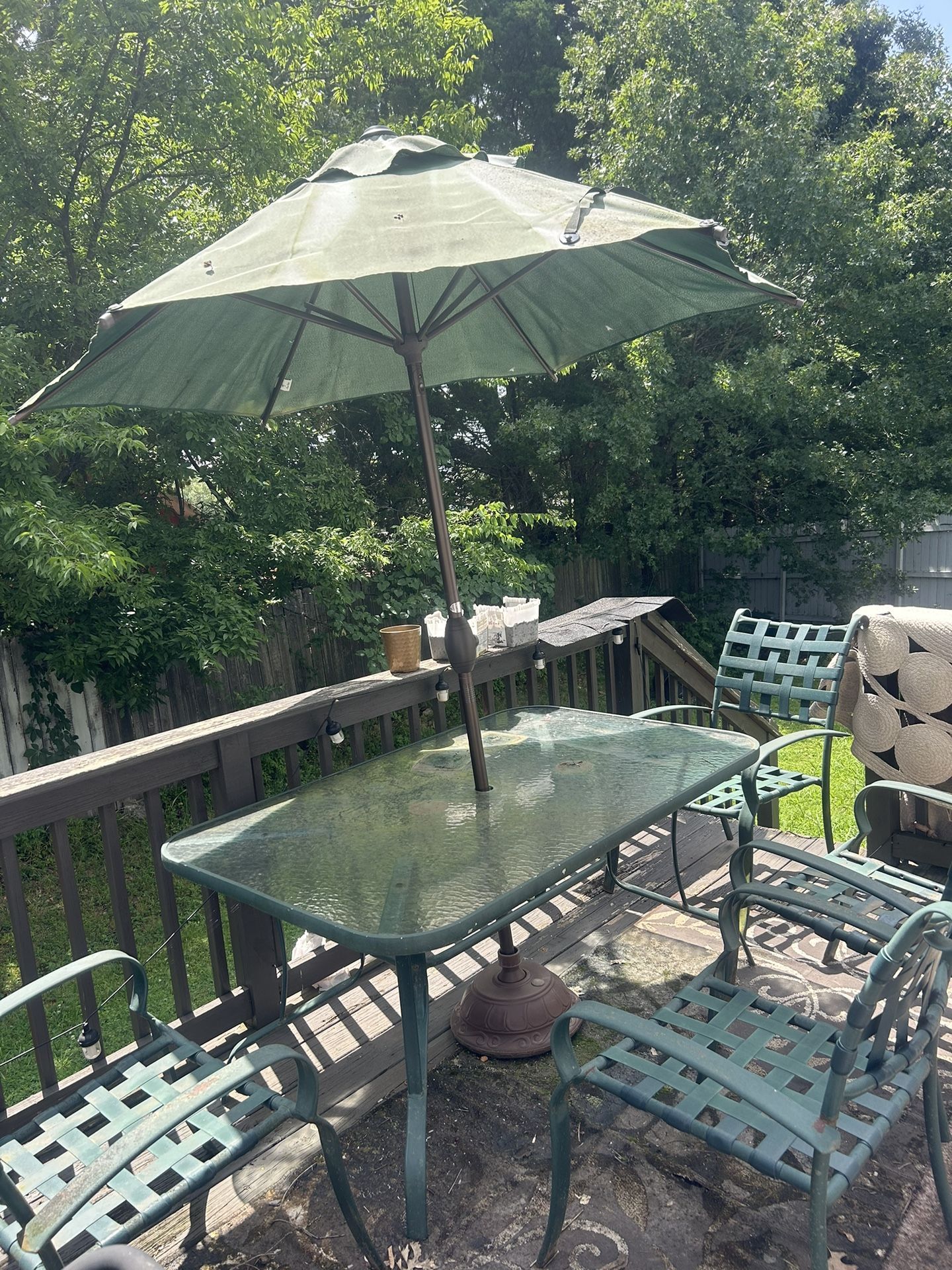 Outdoor Patio Set – Table, 4 Chairs & Umbrella – $75 OB