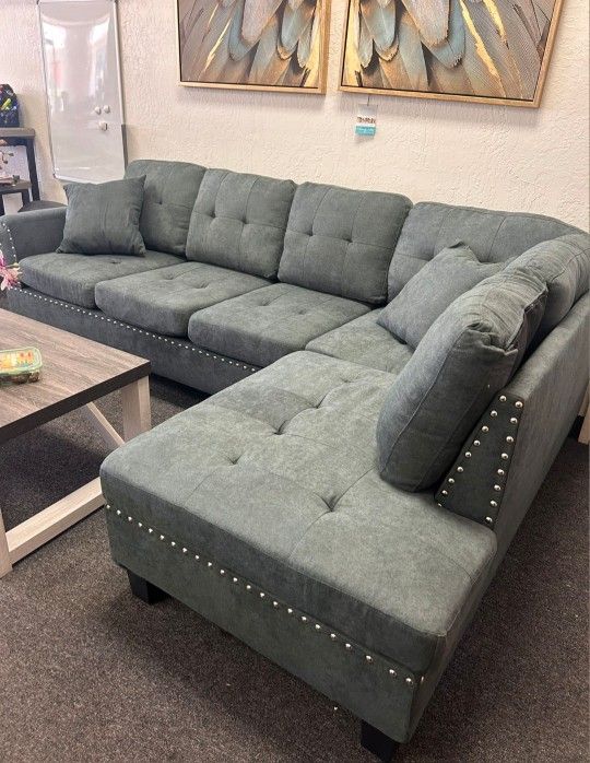 Brand New Ash Black Velvet Like Sectional Sofa Couch (New In Box) 