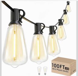 Outdoor String Lights 100 FT ST38 Patio String Lights with 52 Waterproof Shatterproof LED Bulbs