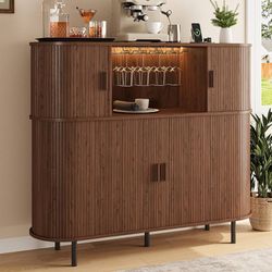 55" Fluted Wine Bar Cabinet with LED Lights, Coffee Bar Cabinet with Power Outlet, Modern Liquor Whiskey Cabinets with Wine Rack and Glass Holder, Hom