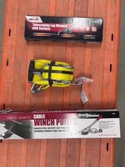 Telescoping Lug Wrench Set & 1200 Lb Cable Winch Puller & Heavy Duty Ratchet Tie-Down Strap