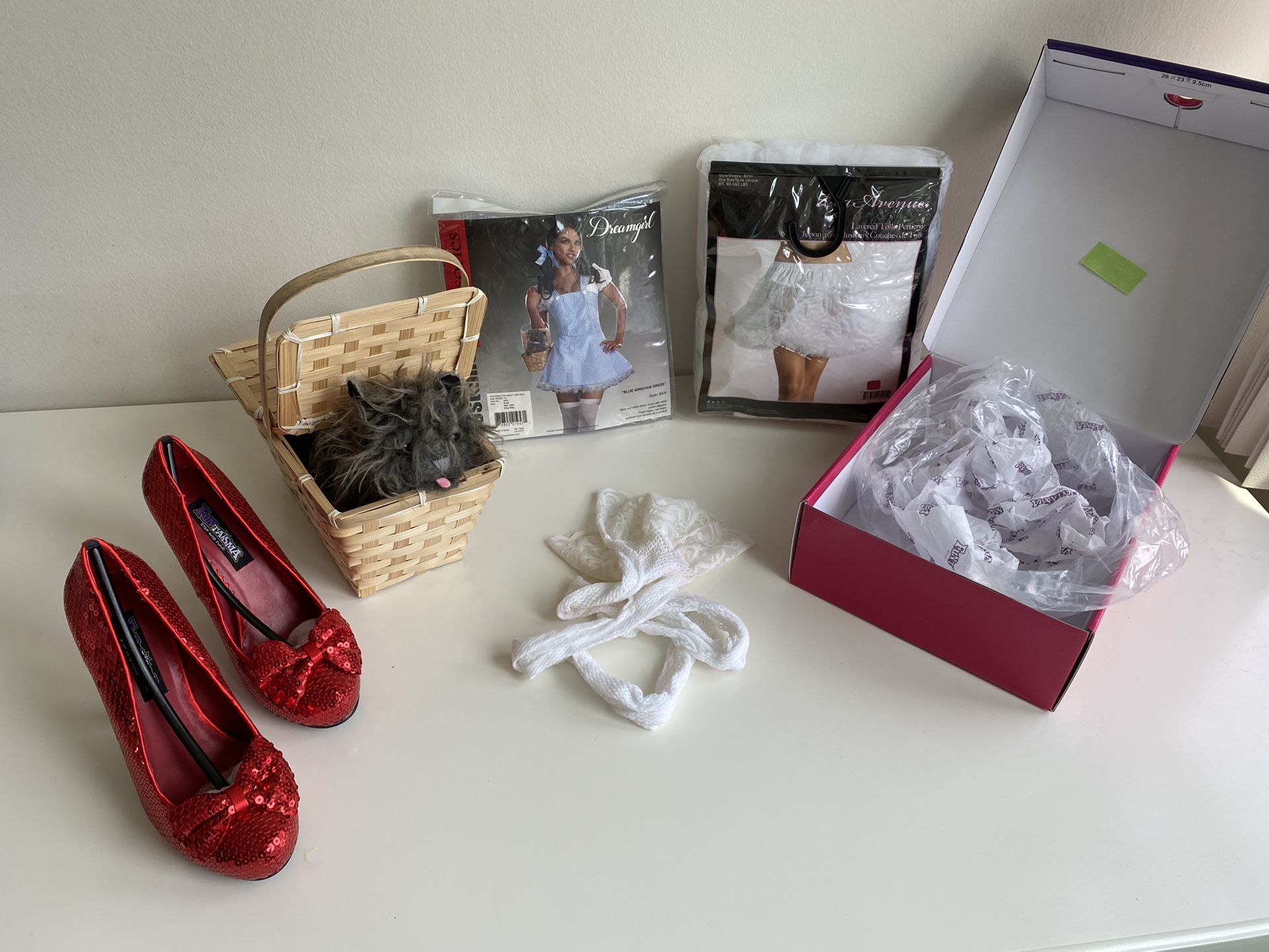 LOT of BRAND NEW Wizard of Oz Dorothy Costume Outfit - Ruby Slippers, Dress, Petticoat, Fishnet & Lace Stockings, Toto in Picnic Basket - $160+