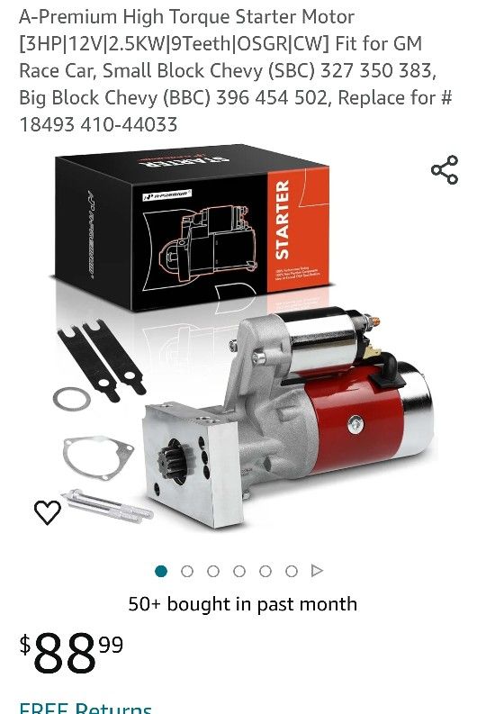 A-Premium High Torque Starter Motor [3HP|12V|2.5KW|9Teeth|OSGR|CW] Fit for GM Race Car, Small Block Chevy (SBC) 327 350 383, Big Block Chevy (BBC) 396