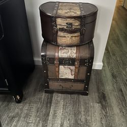 Vintage 2 Piece Wood/Vinyl Decorative Storage Suitcase Set 