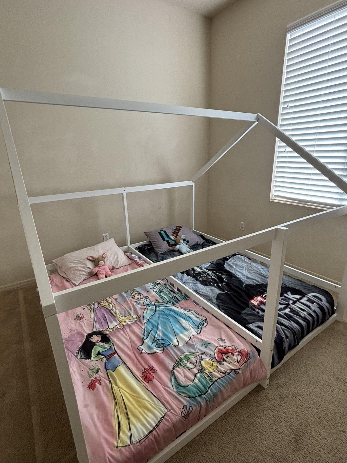 Double Twin Floor Beds for 2 Kids, Wood Twin Size House Bed Frame