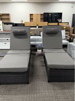 Set of 2, Outdoor Lounge Chairs, Pool Lounge Chairs, Outdoor Chaise Lounge with Adjustable Backrest & Cup Holder,Grey Cushion.  ✅Dimensions：76.8"D x 2