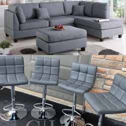 New Gray Sectional Ottoman And 4 Bar Stools 