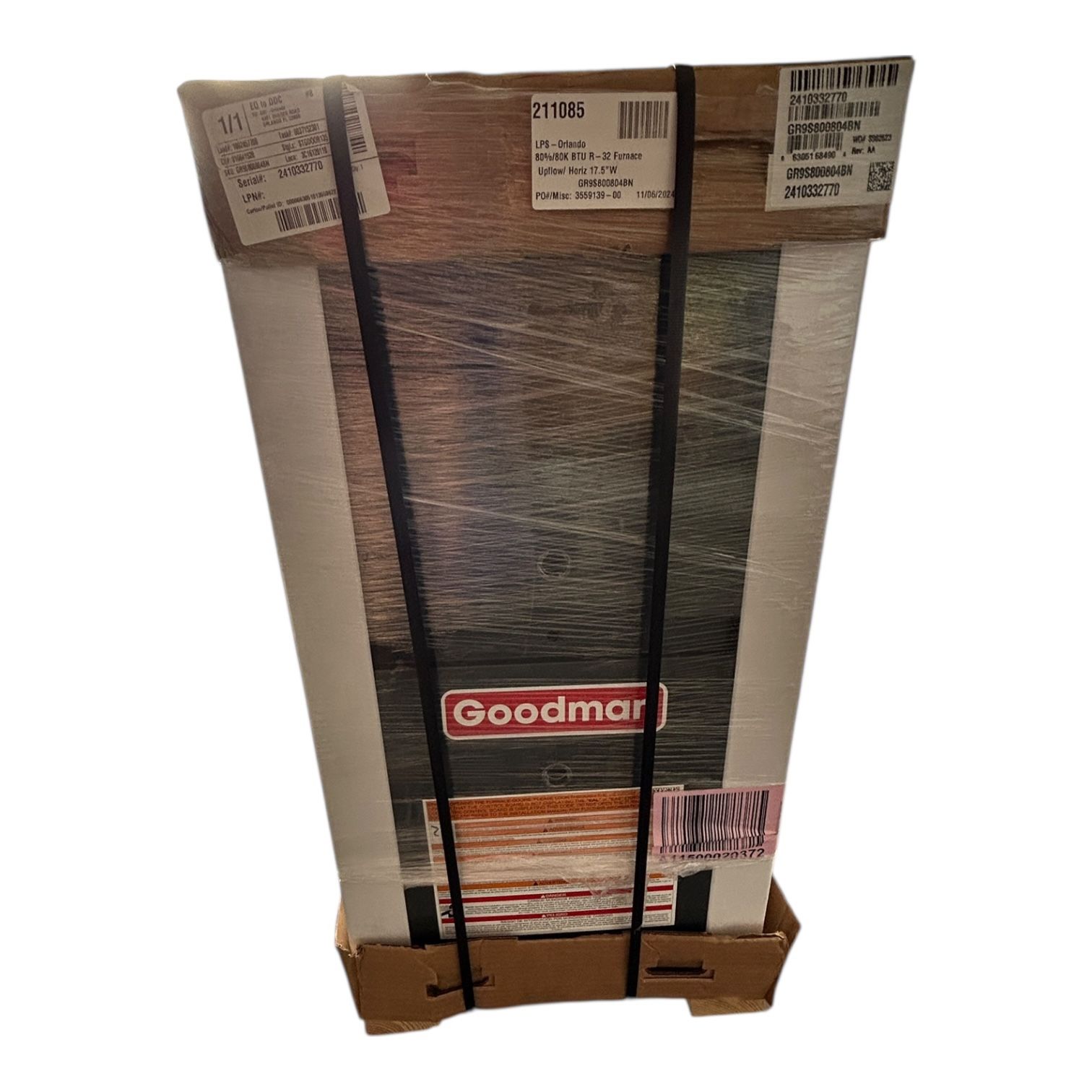 The Goodman 80% 80,000 BTU R-32 Furnace (Model GR9S800804BN) is a high-quality central furnace with a BTU heating rating of 80,000. It features a 9-sp