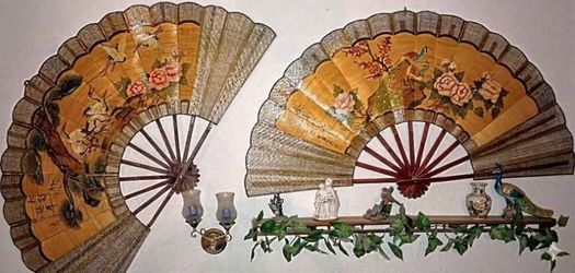 Pair of Large Decorative Chinese Bamboo Wall Fans - 56x32 Vintage Hand-Painted