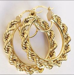 10k yellow GOLD twisted diamond cut rope hoop earrings 1.25 inch long