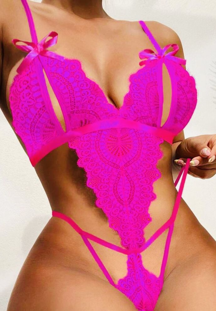 Lingerie - Cut-Out Bow Teddy Bodysuit Lingerie Color: Hot Pink Size.S. M. L .XL