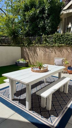 Solid Wood Picnic Table Set + 2 Benches | White Wash | Outdoor Patio Dining