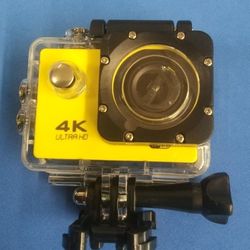 Yellow 4K Sports Action Camera With Attachments 