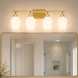 4-Light 30.5-Inch Brushed Gold Bathroom Vanity Light with Frosted Opal Glass Shades, E26 Base