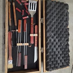 Handmade Wooden BBQ Grill Tool Set in "BBQ" Stenciled Storage Case - Complete Utensil Kit for Grilling Enthusiasts