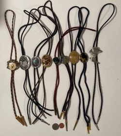 Vintage Lot of 9 Metal Bolo Ties, Nice Different Designs, Buck Deer, Turquoise, Cowboy Hat and Boot, More, Heavy Duty, Made in USA, Country & Western,