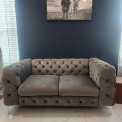 Grey velvet tufted Chesterfield Love Seat