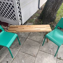 wooden chairs and bench