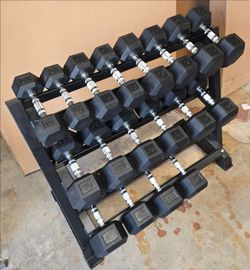 Rubber Coated Hex Dumbbells 10–50 lbs (5 lb Increments) w/ Rack