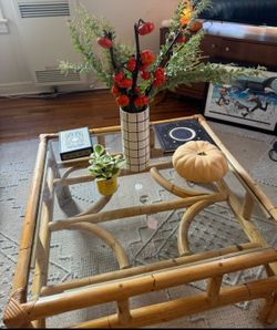 Vintage Rattan Glass Coffee Table  (L 2.5 x H 1.3)