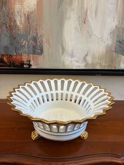 Vintage Vista Alegre Portugal White & Gold Reticulated Porcelain Bowl Gold Gilt Lion Paw Feet Centerpiece Bowl — Circa 1970s