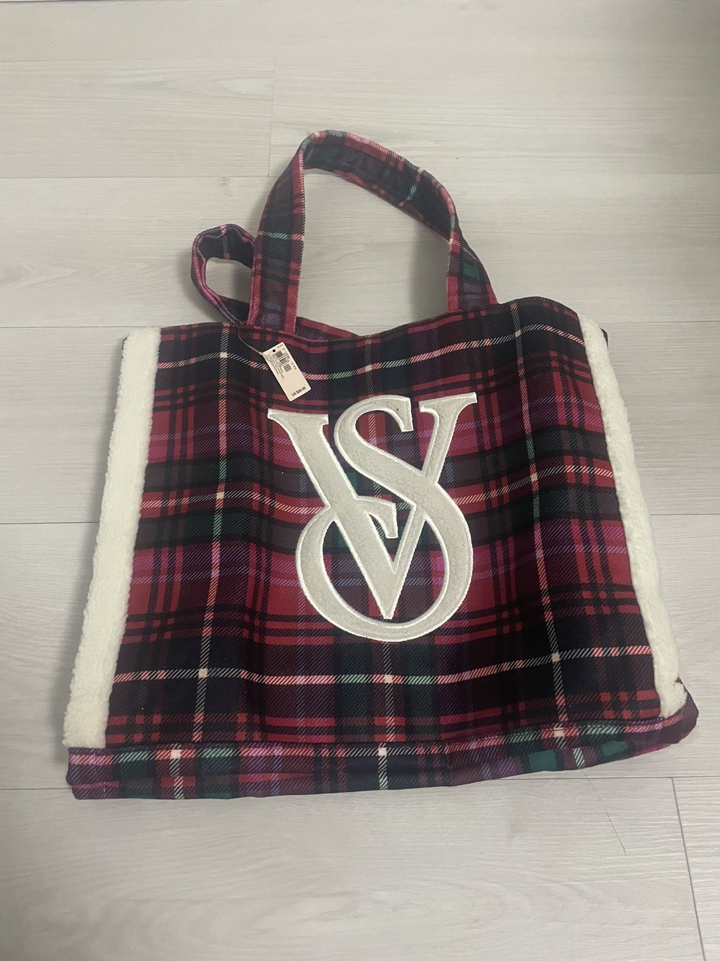 Victoria’s Secret logo red plaid fleece Tote beach bag purse