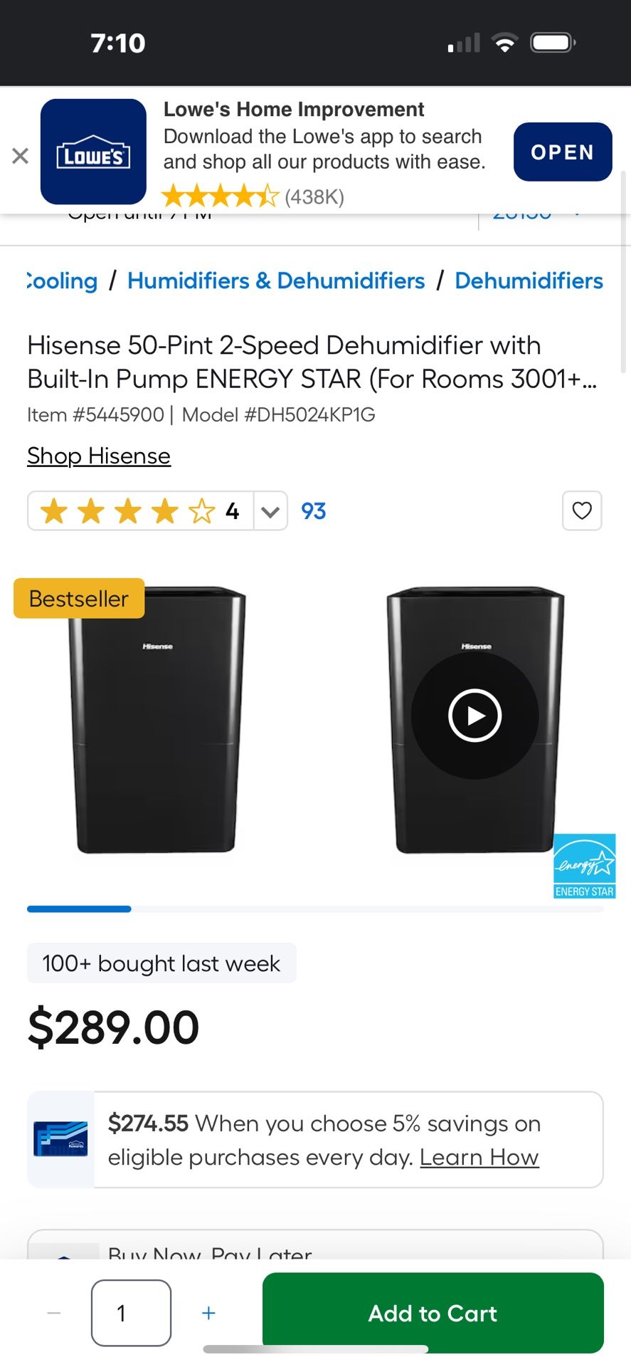 Hines 50 quart dehumidifier with built-in pump
