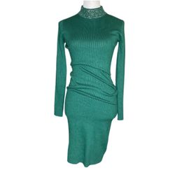 Emma & Posh Women's Knit Green w/Rhinestone Turtleneck Long Sleeve Midi Small 