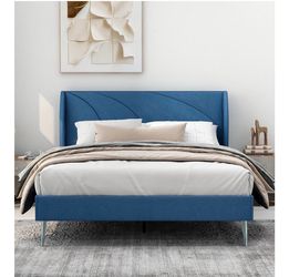 New Queen Size Upholstered Platform Bed Frame with Wingback Headboard,Heavy Duty Metal Mattress Foundation No Box Spring Needed Easy Assembly Navy Blu