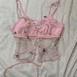 Pink Printed Mesh Crop Top with Adjustable Strings, Princess Polly