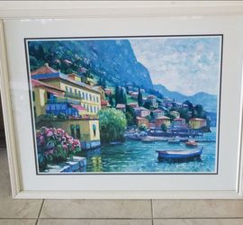 Framed matted wall Picture colorful harbor, boats, water