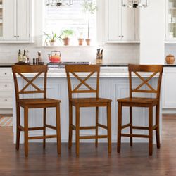 Counter Height Bar Stools Set of 3, 24” Solid Wood X-Back Farmhouse Counter Stools, Rustic Brown