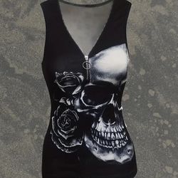 New Skull & Rose Front Zip Top